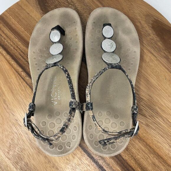 Vionic Sandals Womens 5 Lizbeth Snake Thong Ankle Strap Flats Silver Accents - Picture 5 of 7